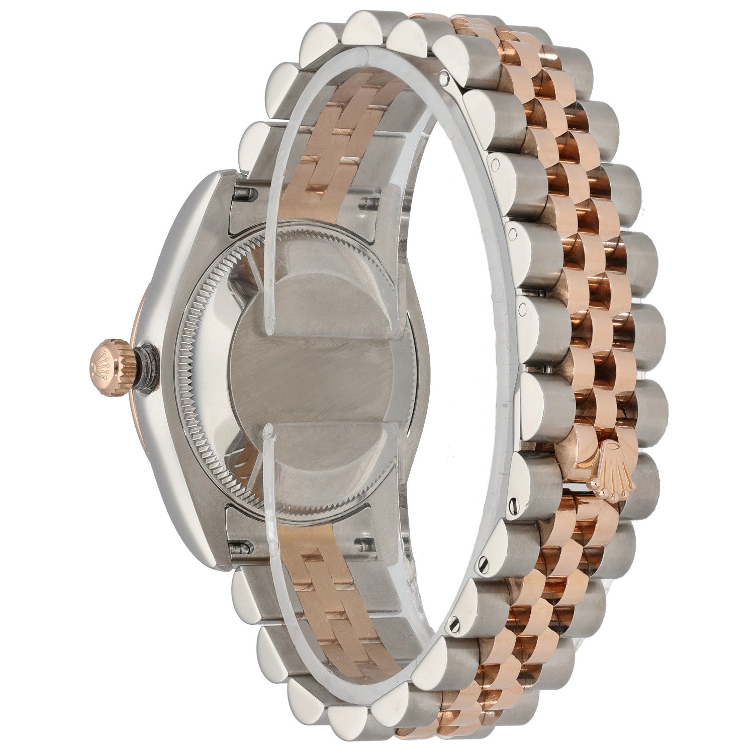 Rolex Datejust 178271 bi-color watch case back view with rose-gold crown and metal bracelet