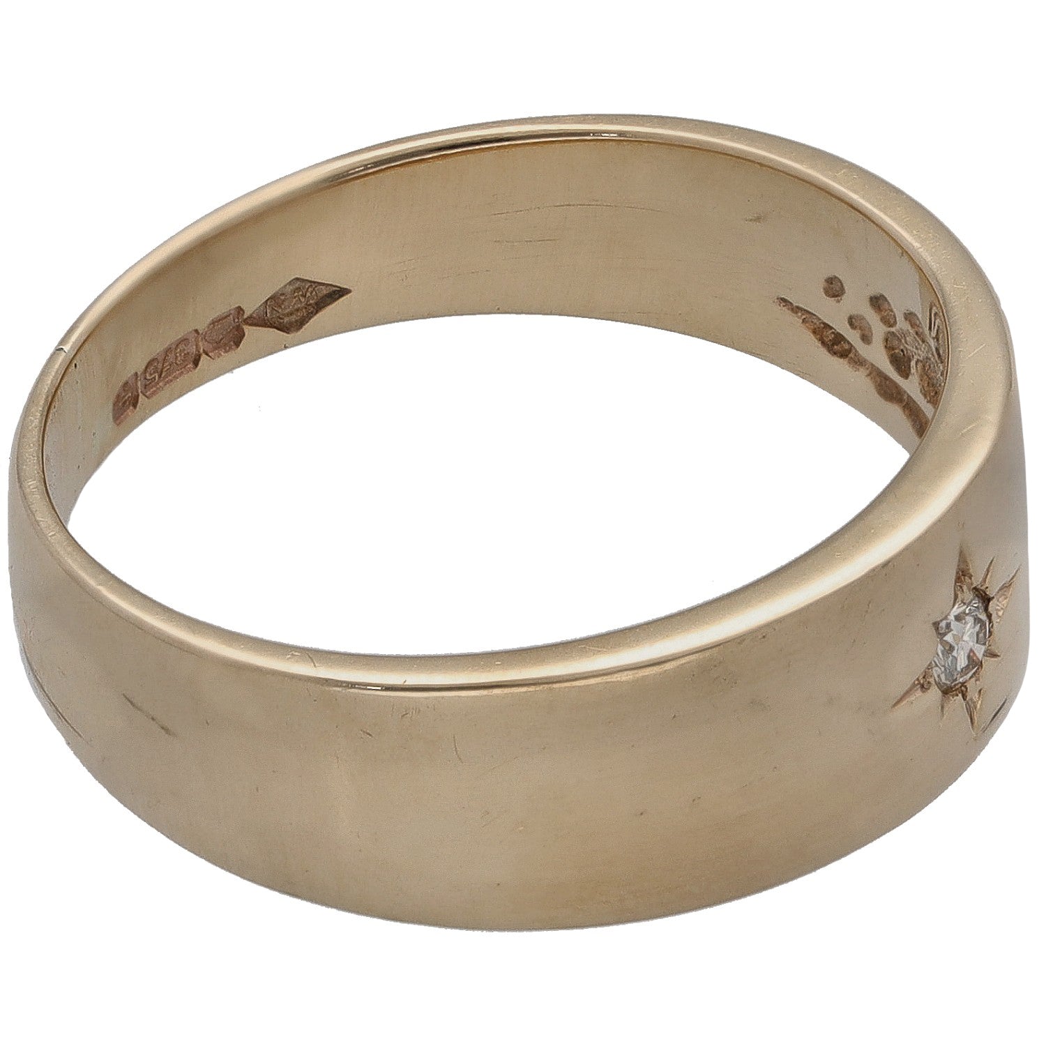 9ct gold solitaire ring band with round diamond setting; engraved marks on interior