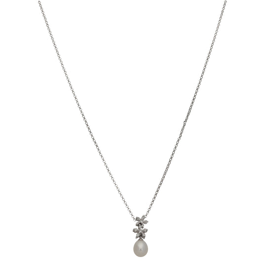 9ct White Gold Cultured Pearl & 0.035ct Diamond Dress/Cocktail Pendant With Chain