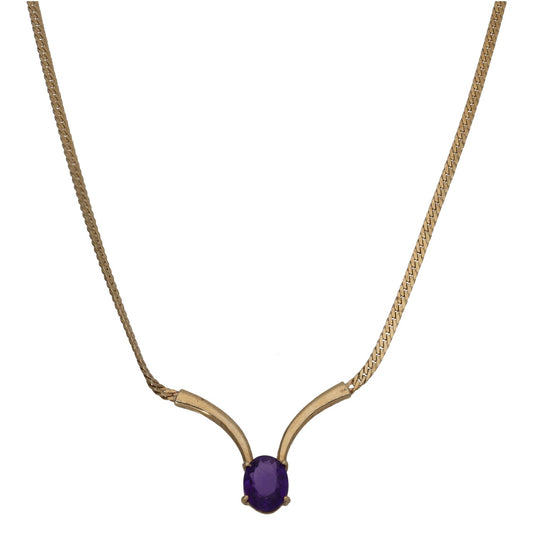 Gold amethyst fancy necklace with purple oval gemstone