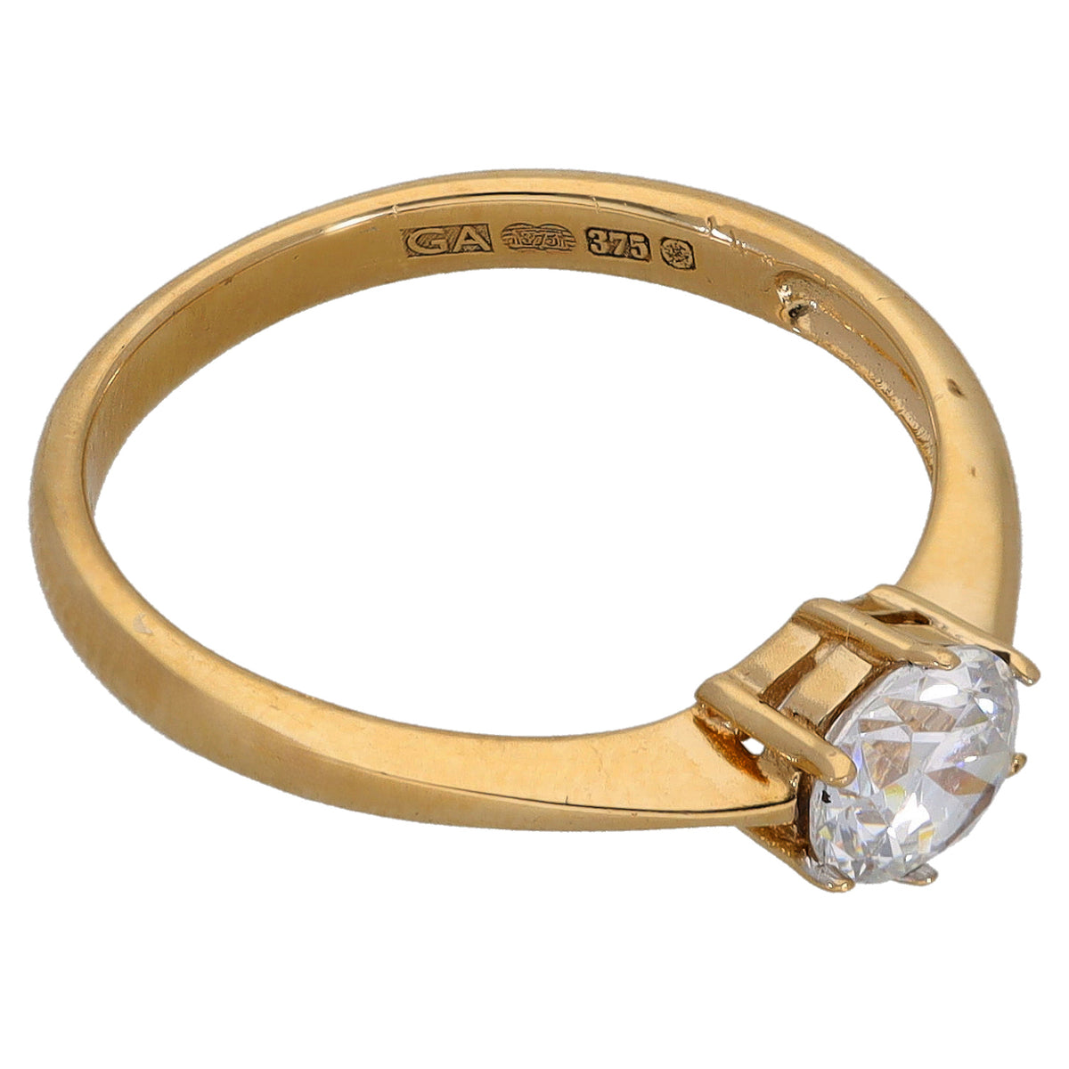9ct gold CZ ring with round stone on side setting; band shows hallmark engravings