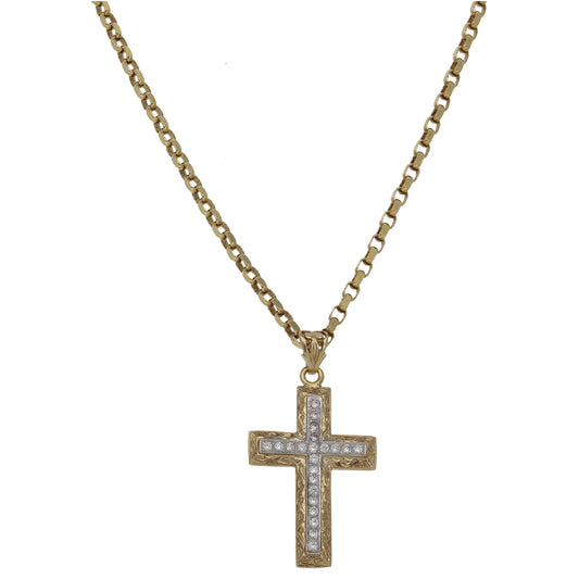 9ct Bicolour Gold Cubic Zirconia Cross Pendant With Chain