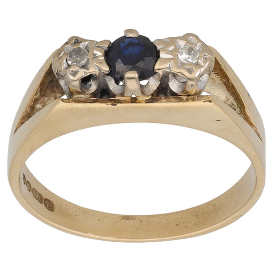 9ct Gold Sapphire & 0.06ct Diamond Trilogy Ring Size O