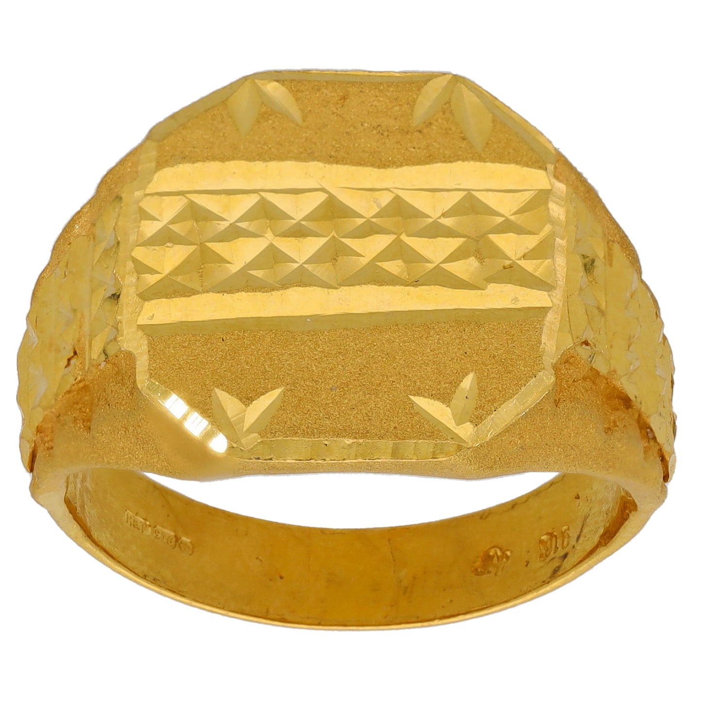 Gold signet ring with raised geometric patterned face