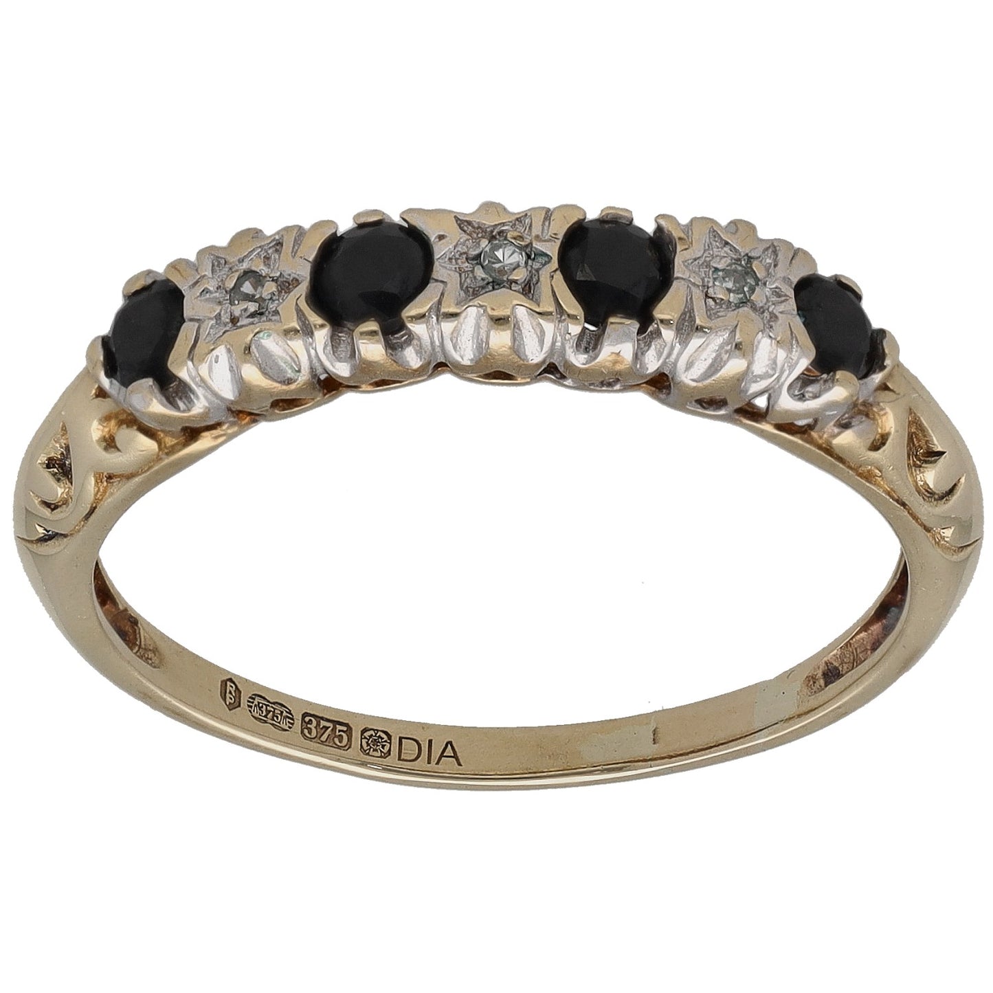 9ct gold half eternity ring with black round stones and silver-toned diamond accents