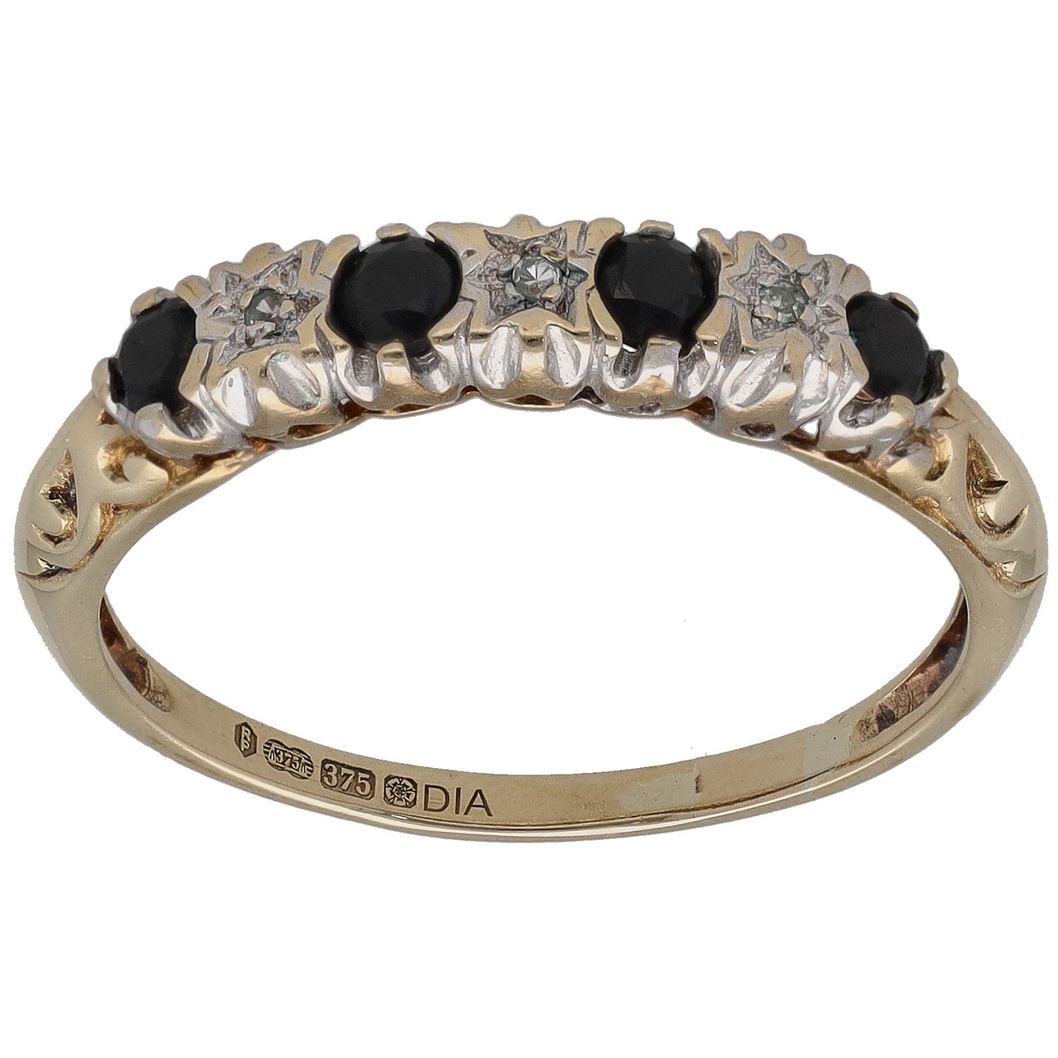 9ct gold half eternity ring with black round stones and silver-toned diamond accents