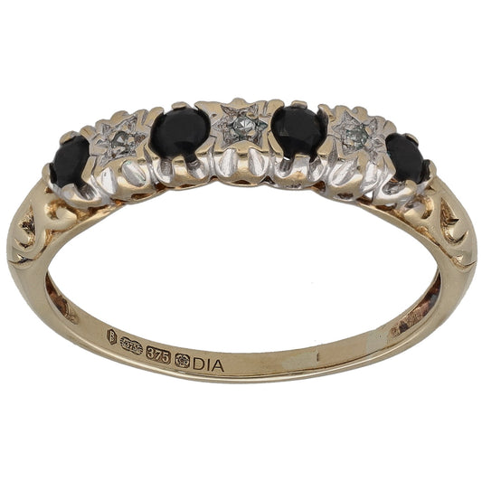 9ct gold half eternity ring with black round stones and silver-toned diamond accents