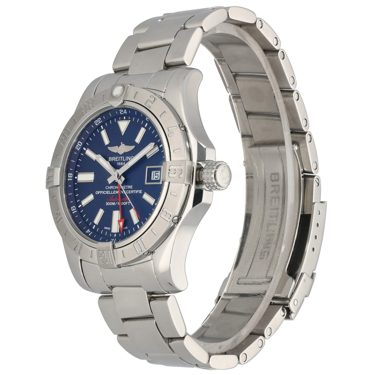 Breitling Avenger II A32390 stainless steel wristwatch with blue dial, visible side profile