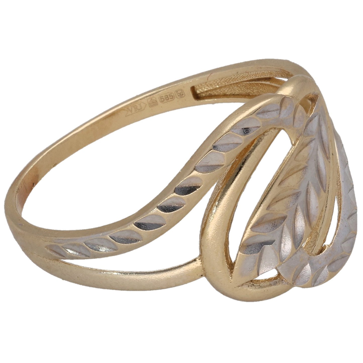 Two-tone gold and silver ring, side view with engraved diamond pattern band