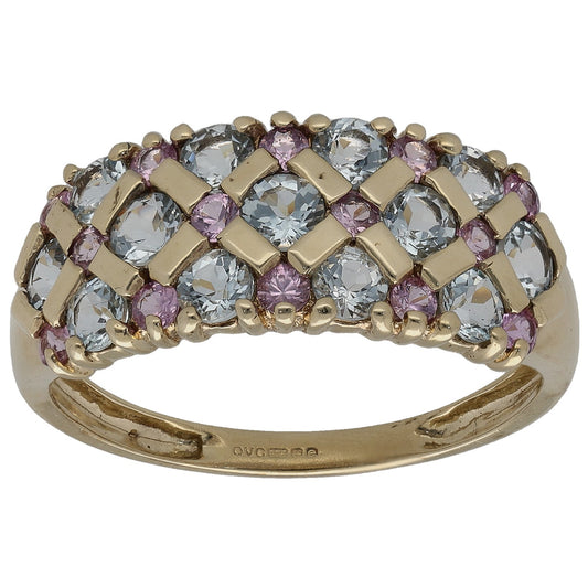 9ct gold cocktail ring with aquamarine-blue oval stones and purple accents, curved top