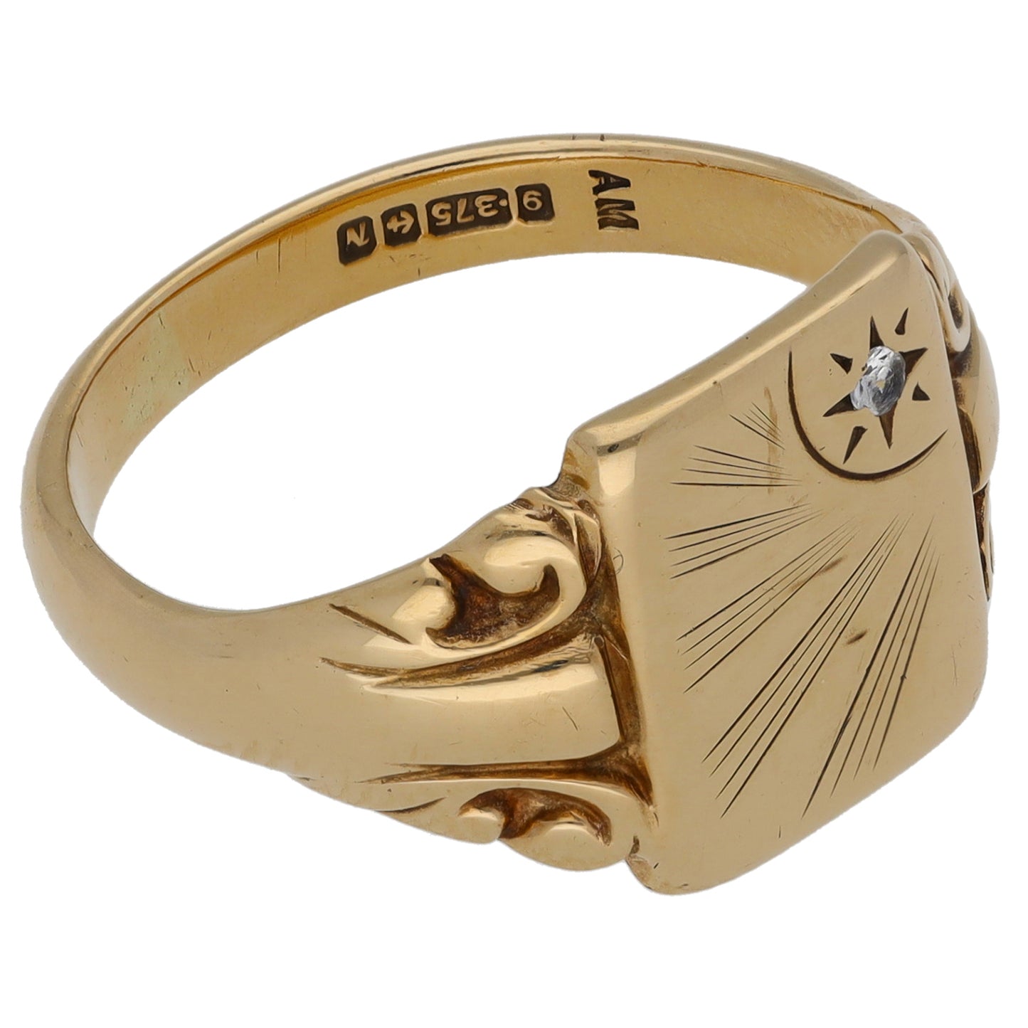 9ct Gold Cubic Zirconia Patterned Single Stone Signet Ring Size R