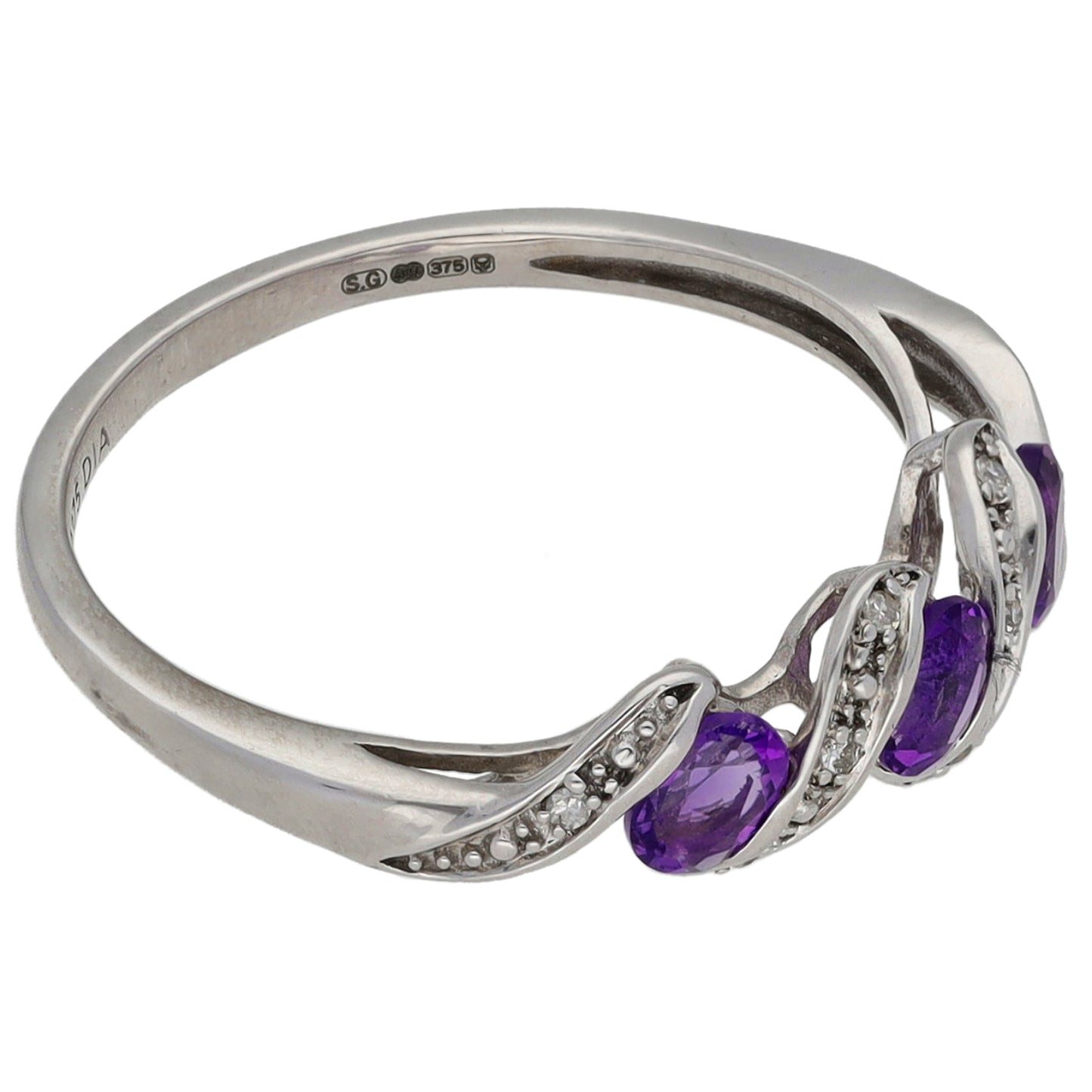 9ct White Gold Amethyst & 0.04ct Diamond Dress/Cocktail Ring Size P