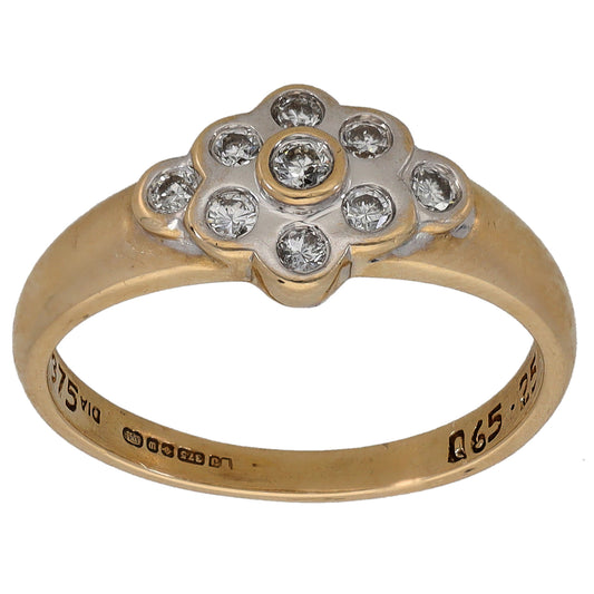 Yellow gold ring with raised round diamond cluster, center stone and halo