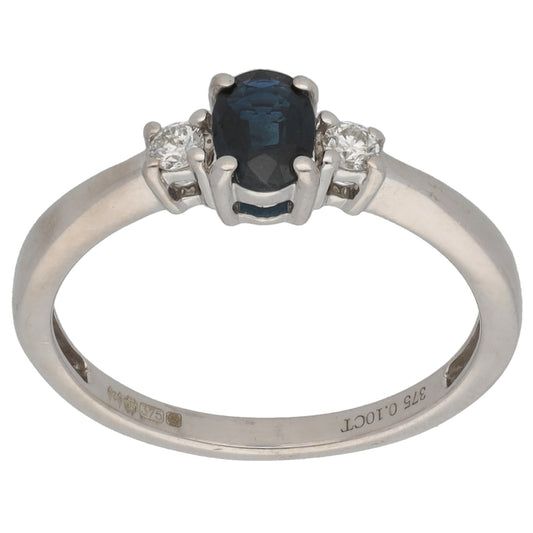 9ct White Gold Sapphire & 0.10ct Diamond Trilogy Ring Size N