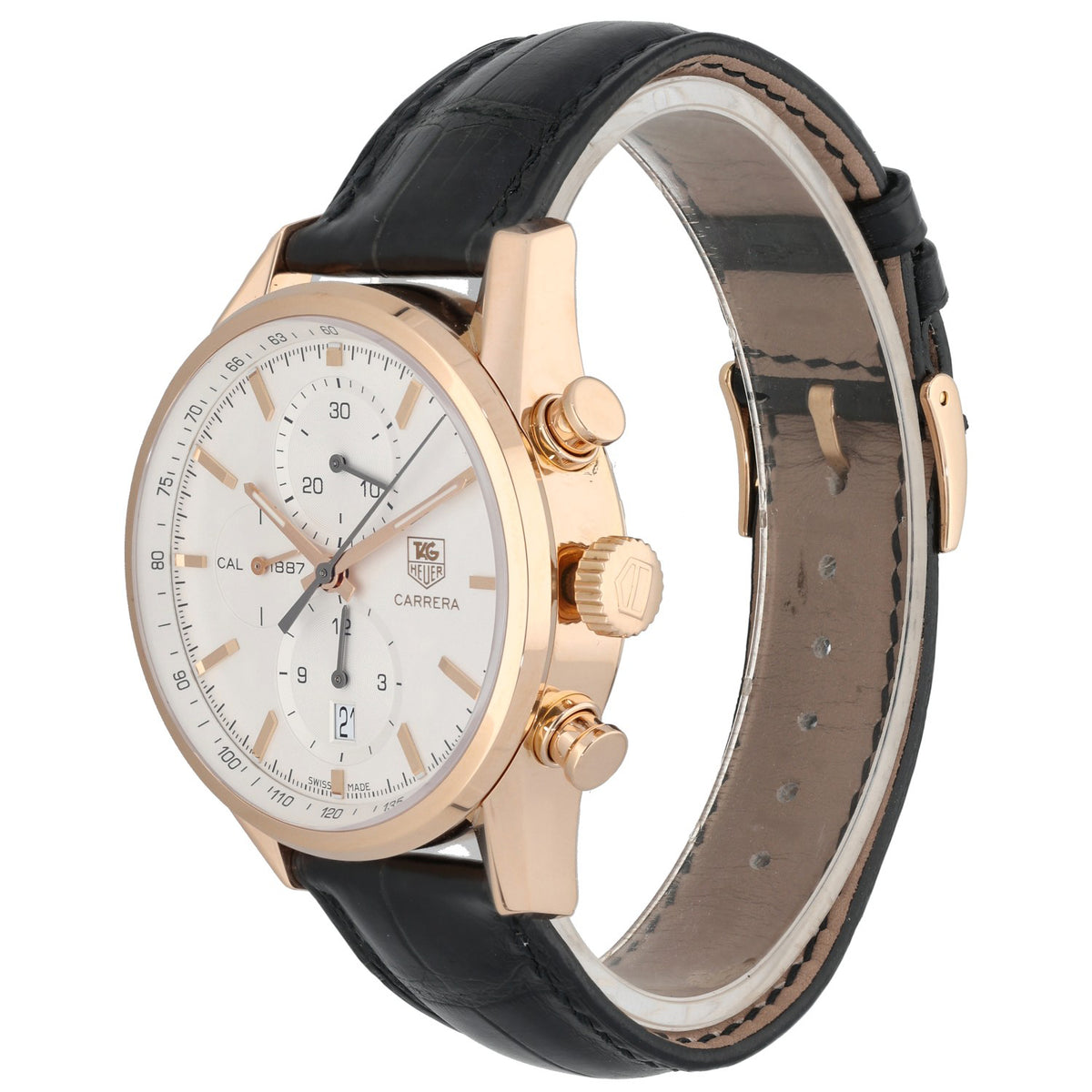 Tag Heuer Carrera CAR2140, white dial inside 18ct gold 41mm case with black adjustable leather bracelet, angled front image