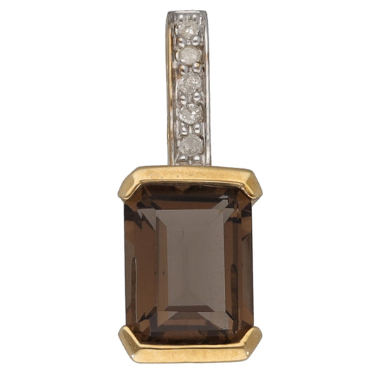 New 9ct Gold 0.02ct Diamond & Smoky Quartz Pendant