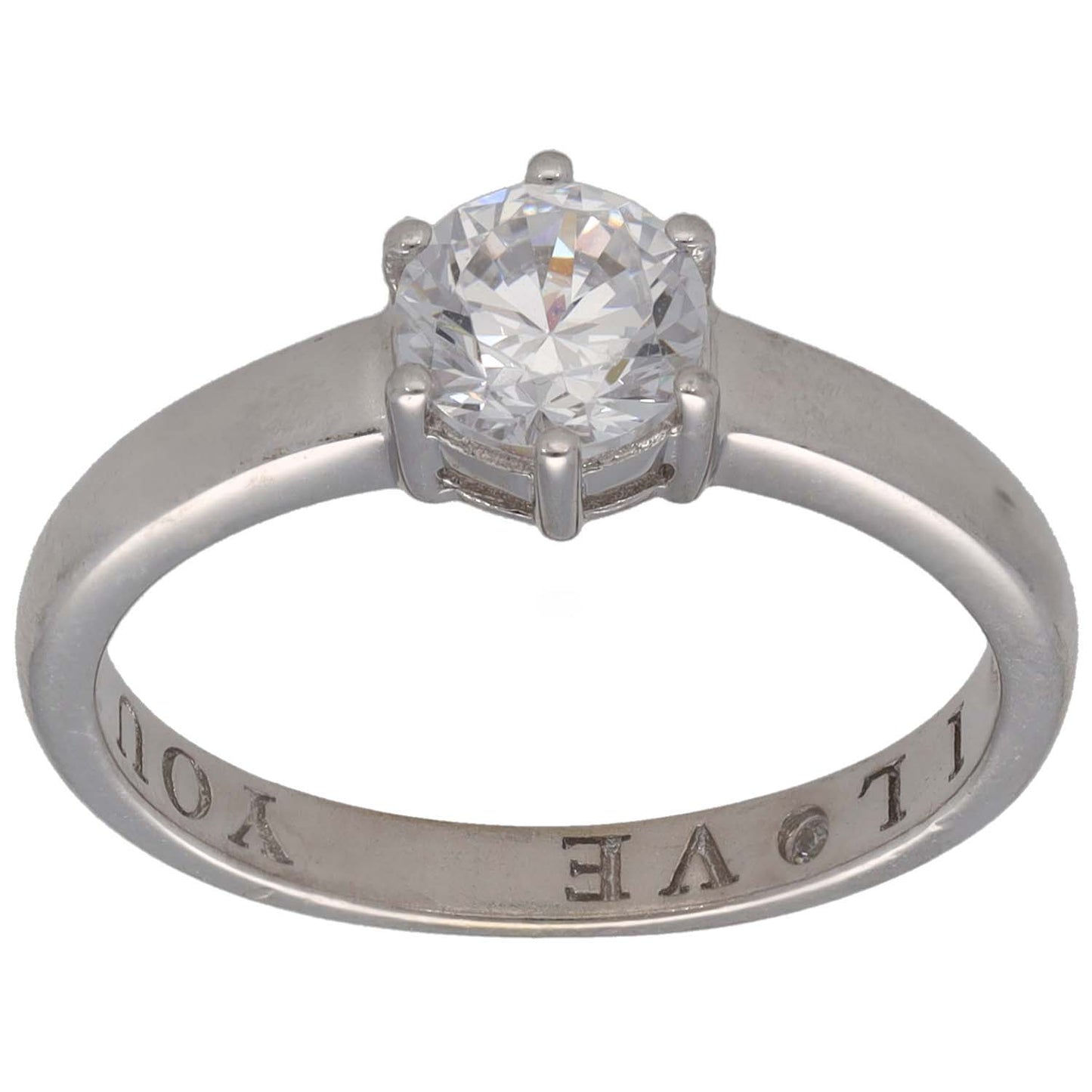 9ct white gold CZ solitaire ring with square prongs and round center stone