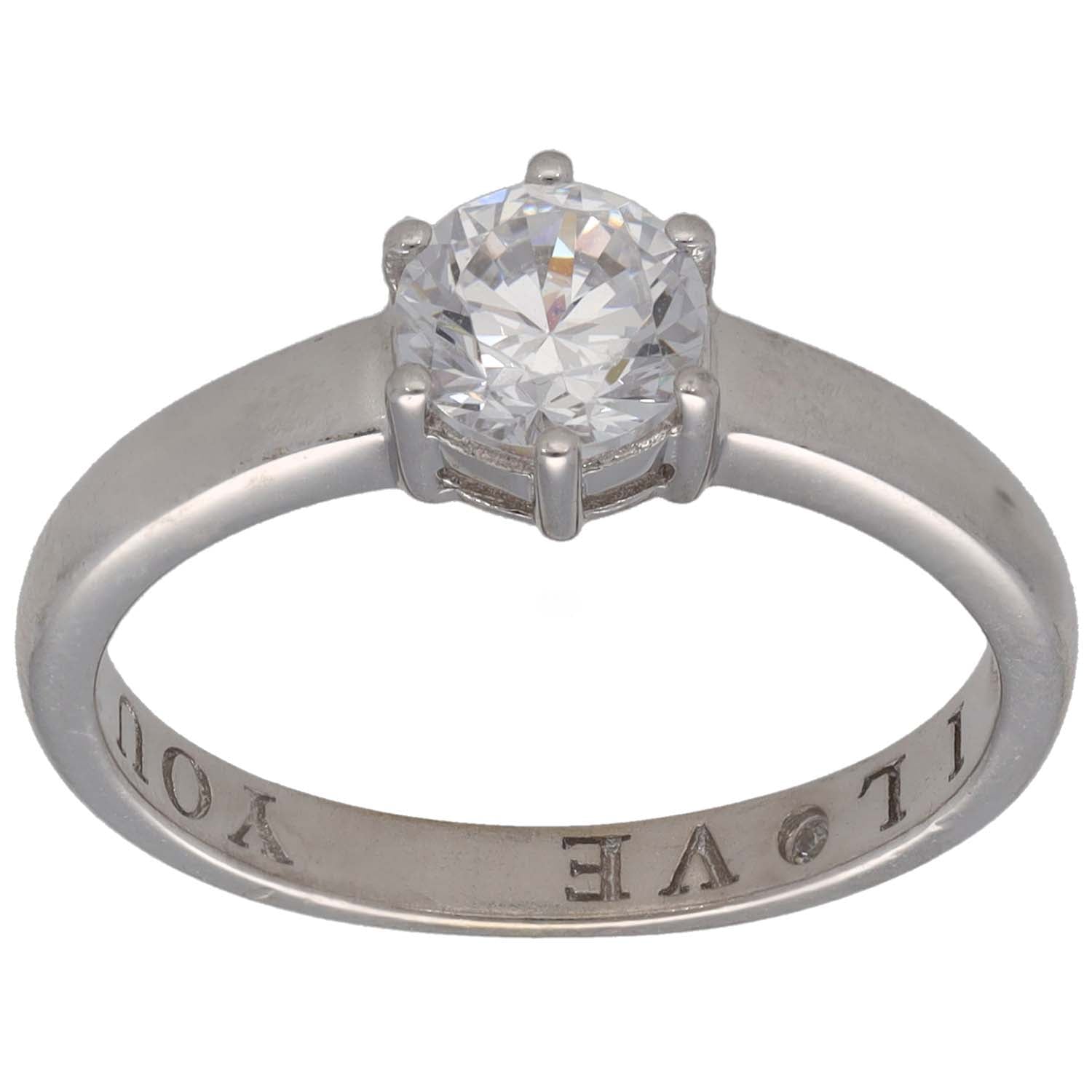 9ct white gold CZ solitaire ring with square prongs and round center stone