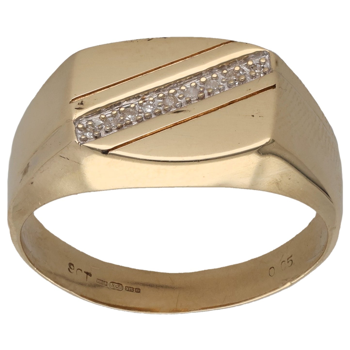 9ct Gold 0.05ct Diamond Patterned Signet Ring Size U