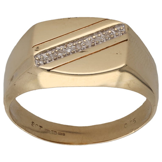 9ct Gold 0.05ct Diamond Patterned Signet Ring Size U