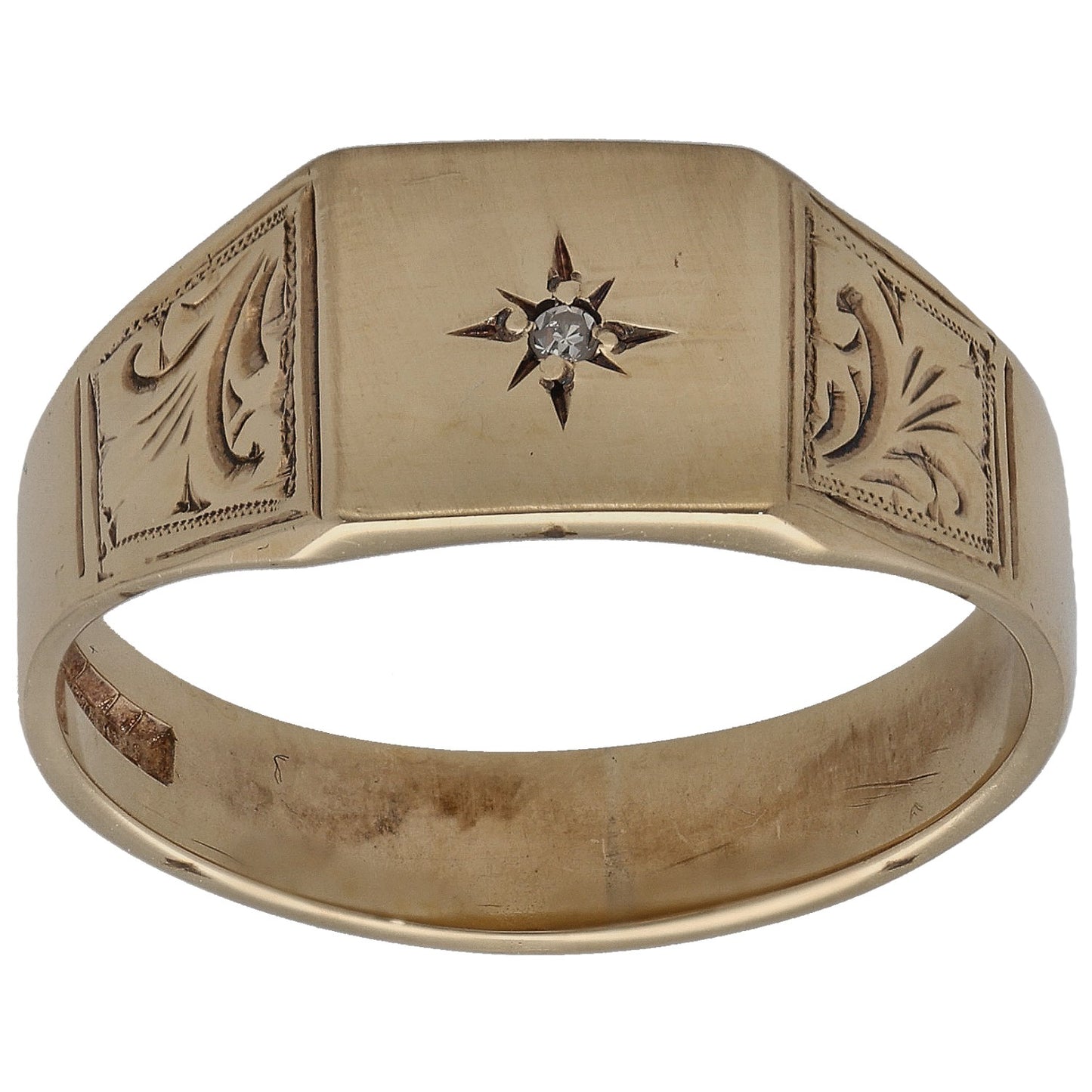 9ct Gold 0.005ct Diamond Patterned Single Stone Signet Ring Size U