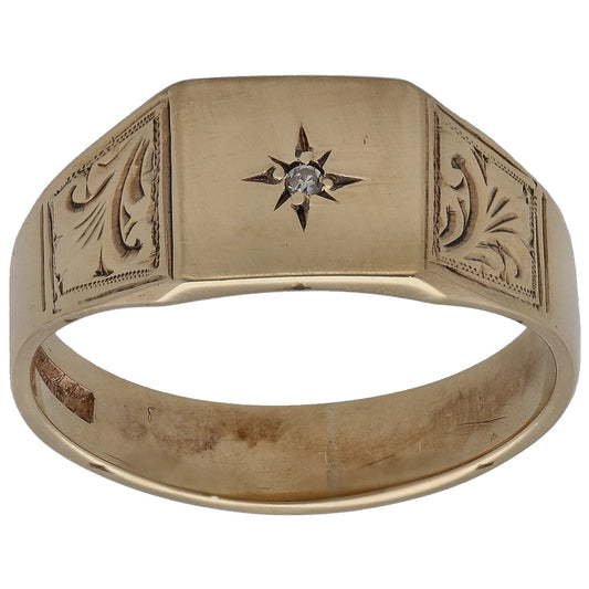 9ct Gold 0.005ct Diamond Patterned Single Stone Signet Ring Size U