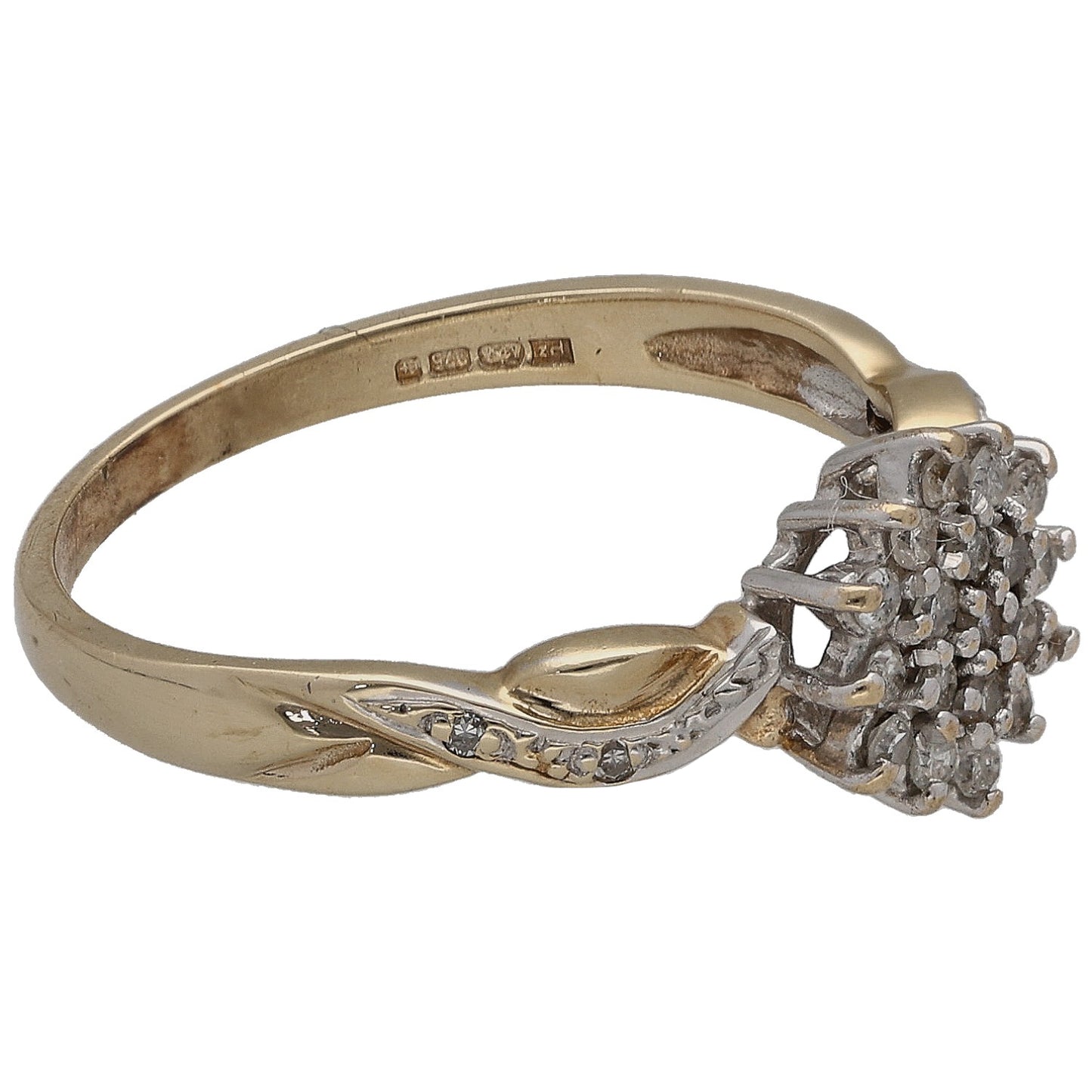9ct gold diamond cluster ring, side view