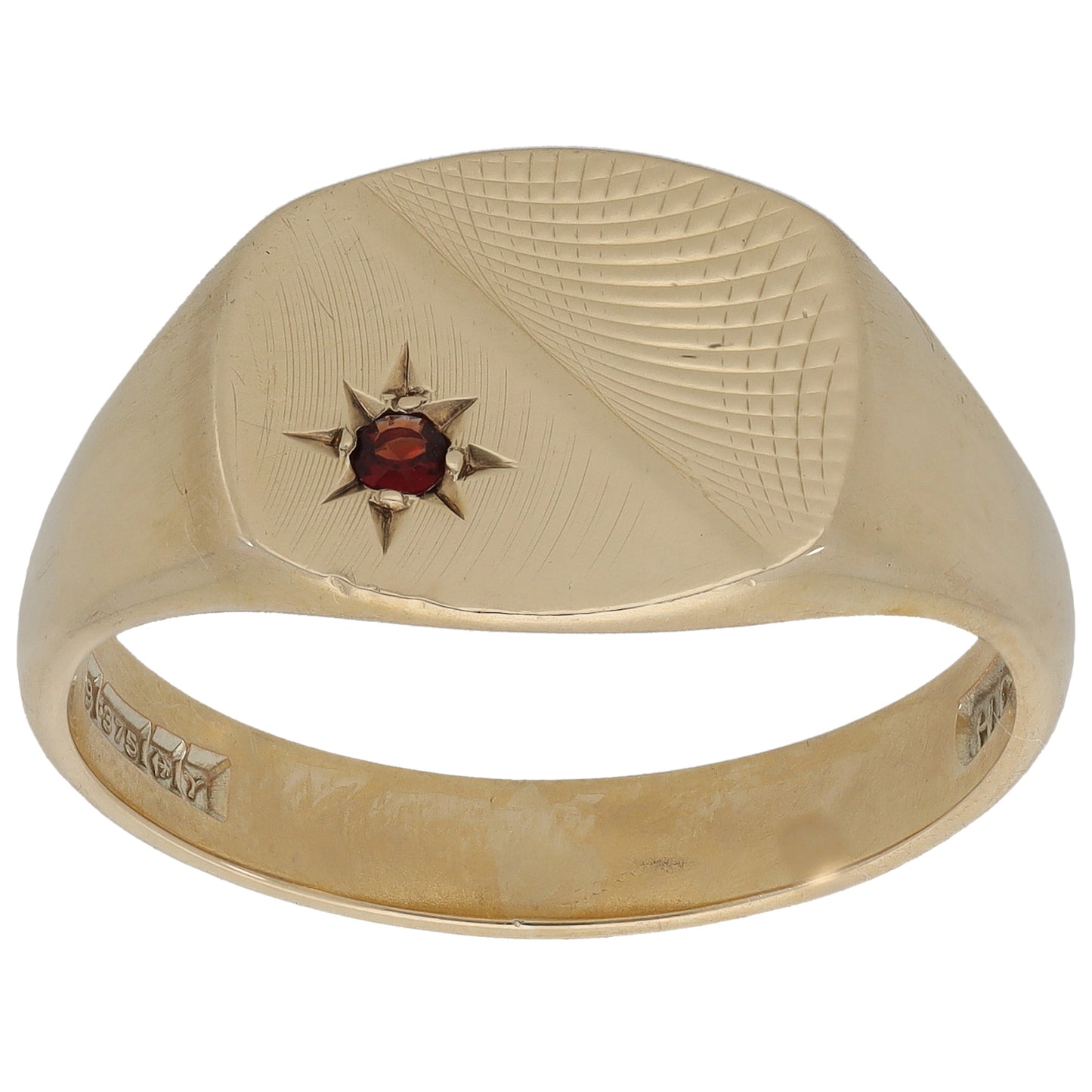 9ct Gold Garnet Patterned Signet Ring Size W