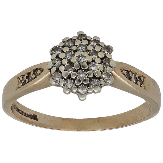 9ct gold round diamond cluster ring with pave stones, openwork shoulders