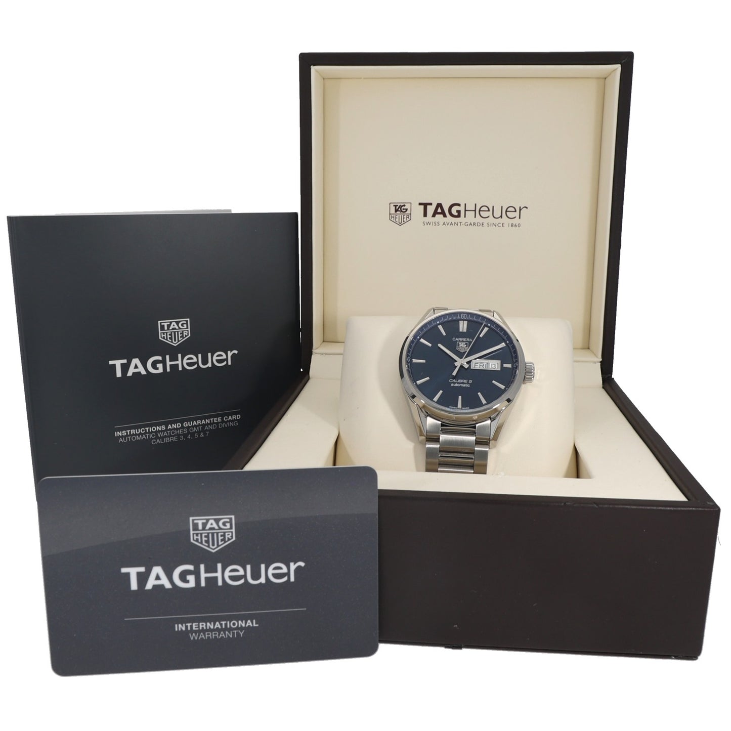 Tag Heuer Carrera WAR201E Stainless steel watch with blue dial in open gift box with warranty papers