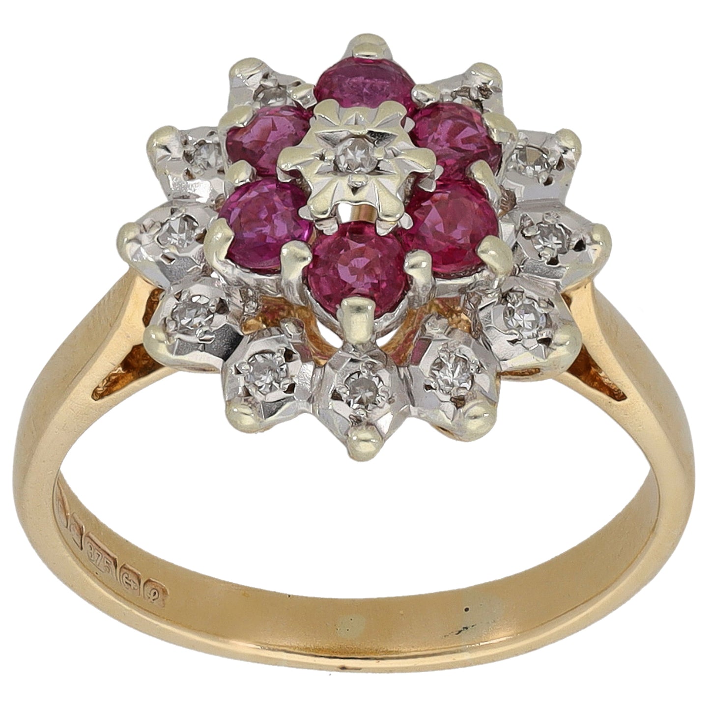 9ct Gold 0.13ct Diamond & Ruby Cluster Ring Size K