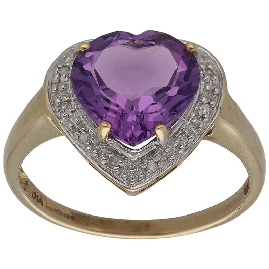 9ct Gold Amethyst & 0.05ct Diamond Dress/Cocktail Ring Size P