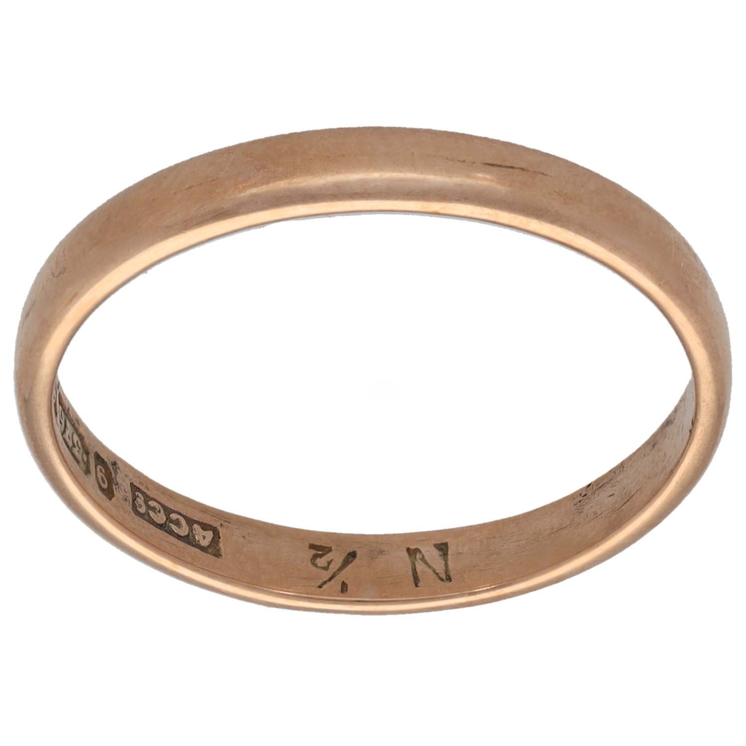 Plain 9ct rose gold wedding ring with engraved inside hallmarks and size mark