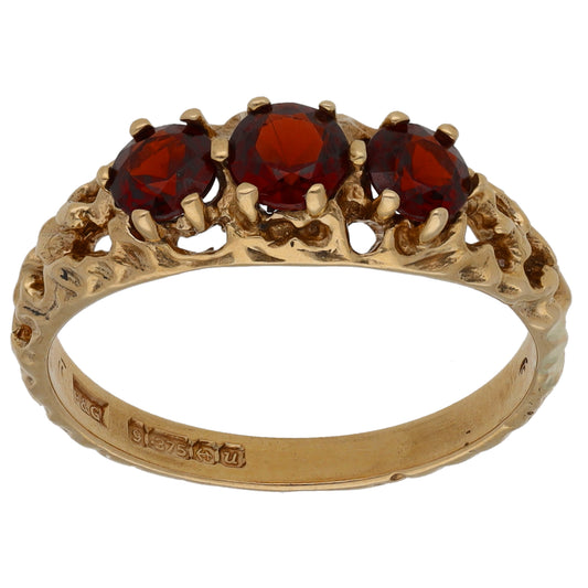 9ct Gold Garnet Trilogy Ring Size P