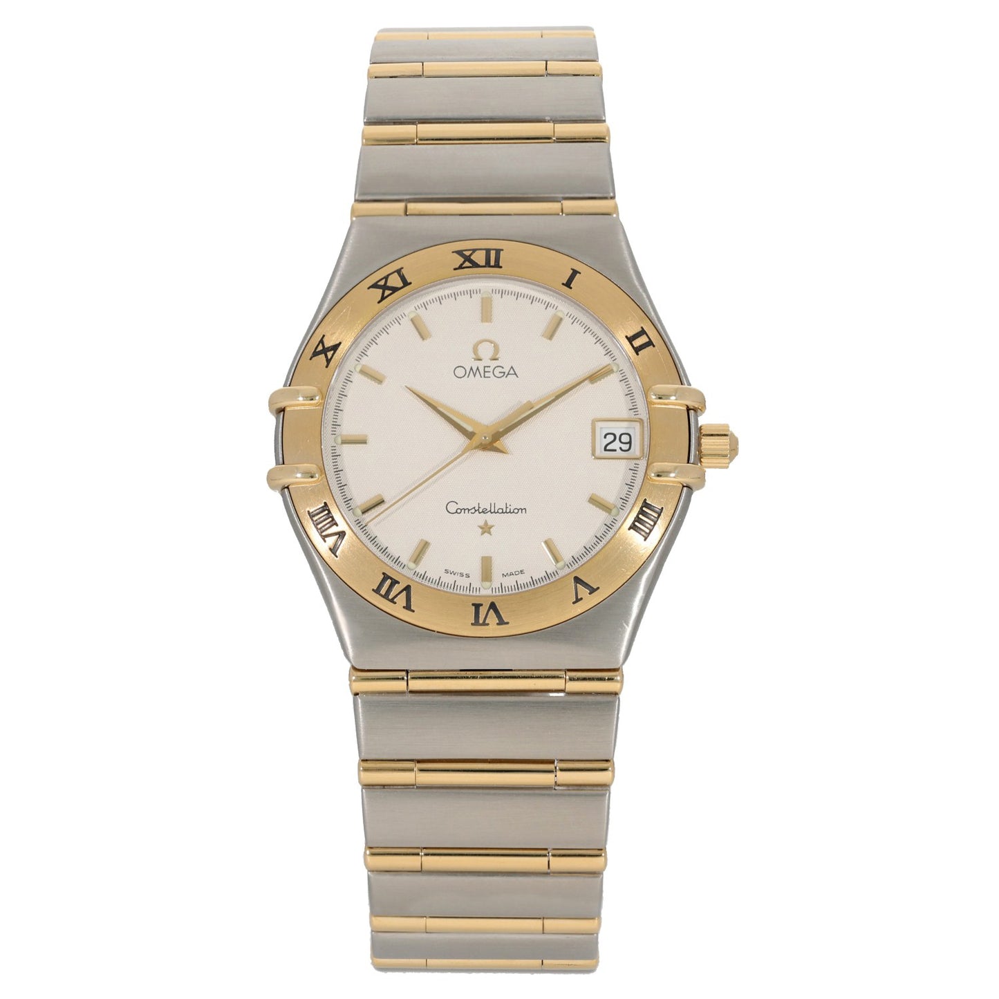 Omega Constellation 1212.30.00, cream dial with a gold and stainless steel bezel and bracelet, front angle