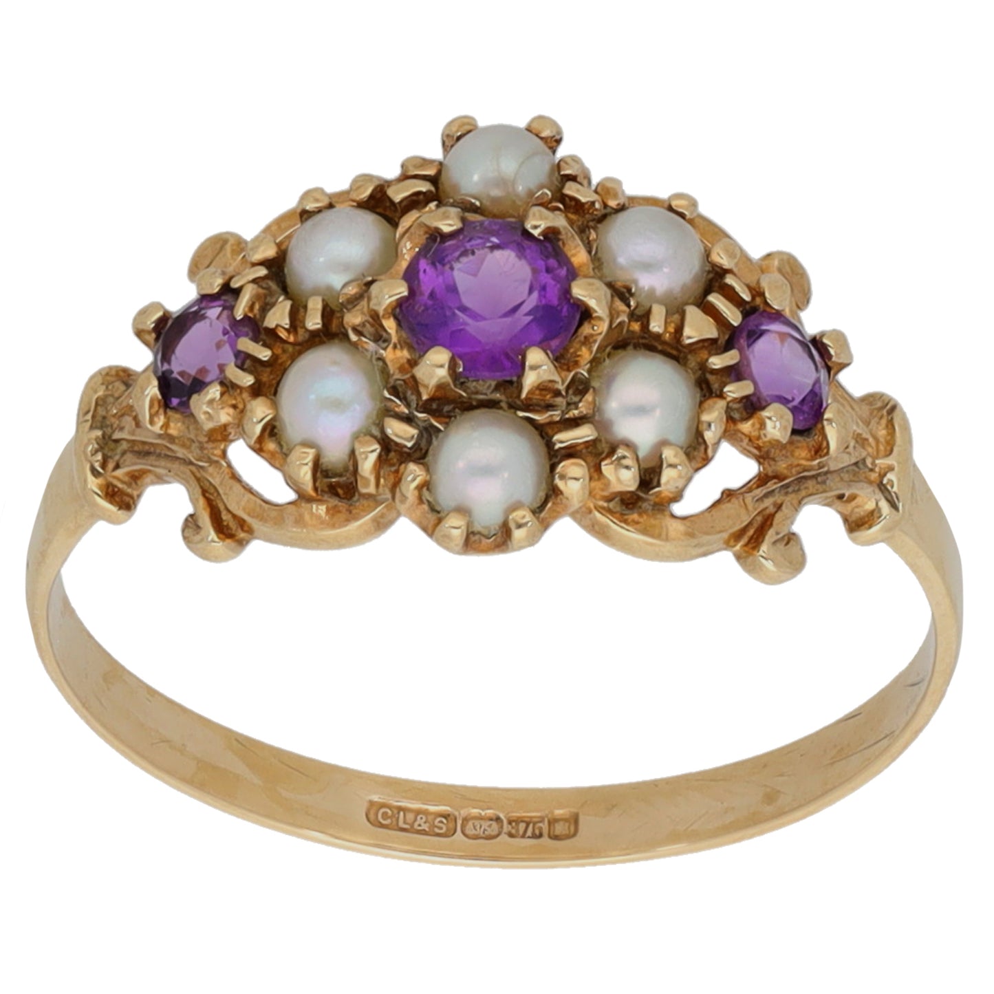 9ct Gold Amethyst & Cultured Pearl Dress/Cocktail Ring Size P