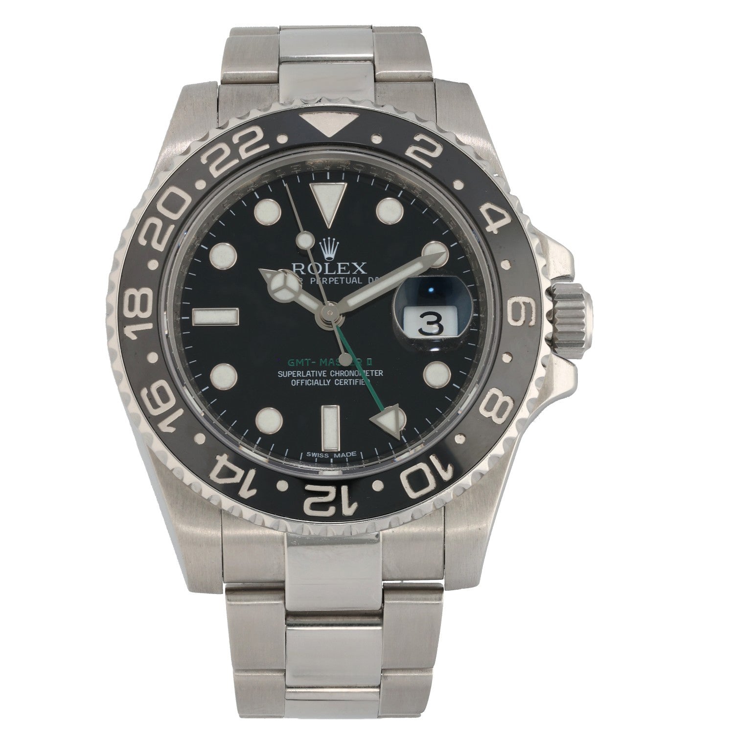 Rolex GMT Master II 116710LN, black dial with black cerchrome bezel, on a stainless steel case and bracelet