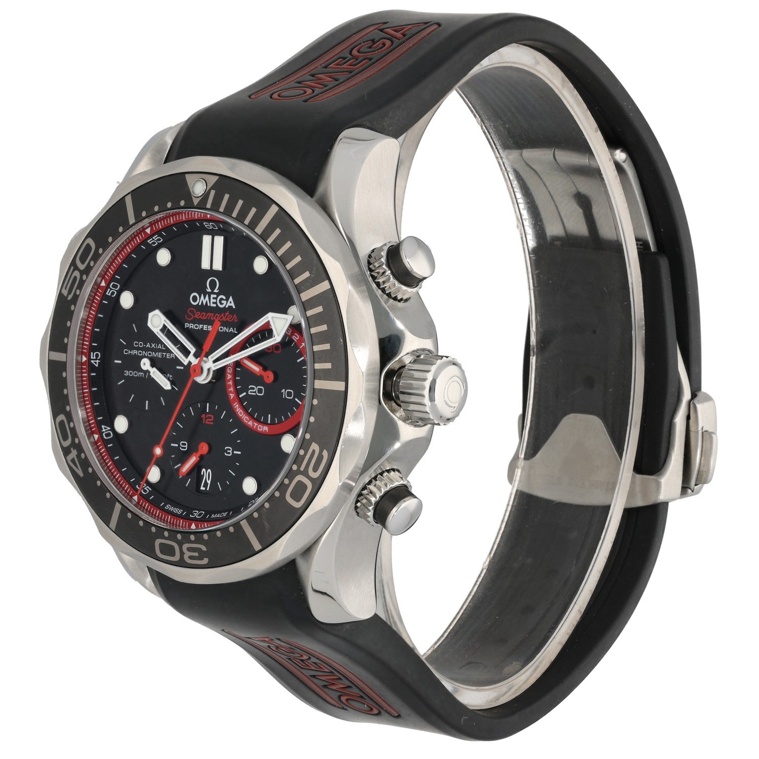 Omega Seamaster Diver 212.32.44.50.01.001, black and red dial on black rubber bracelet, front angled image