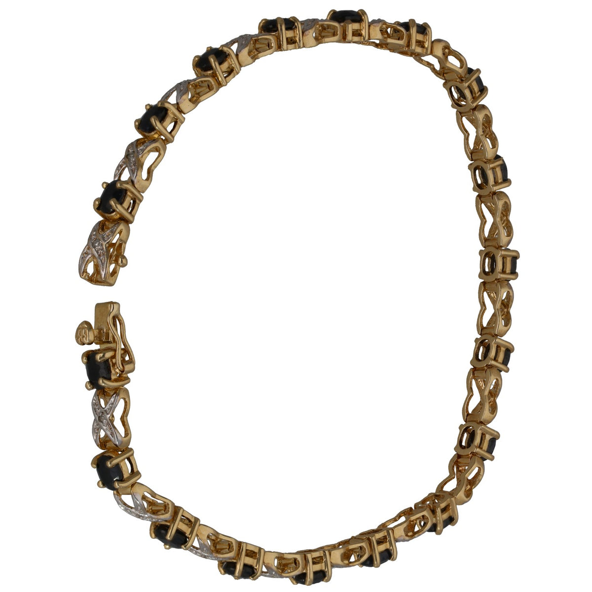 Gold-tone chain bracelet with alternating dark and clear round stones, end links visible