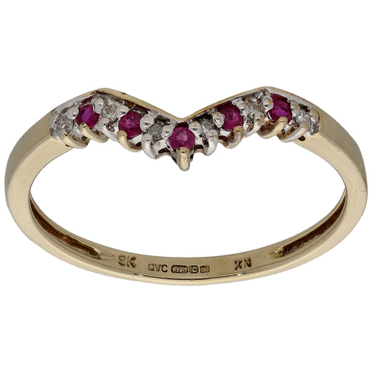 9ct Gold Ruby & 0.06ct Diamond Wishbone Ring Size T