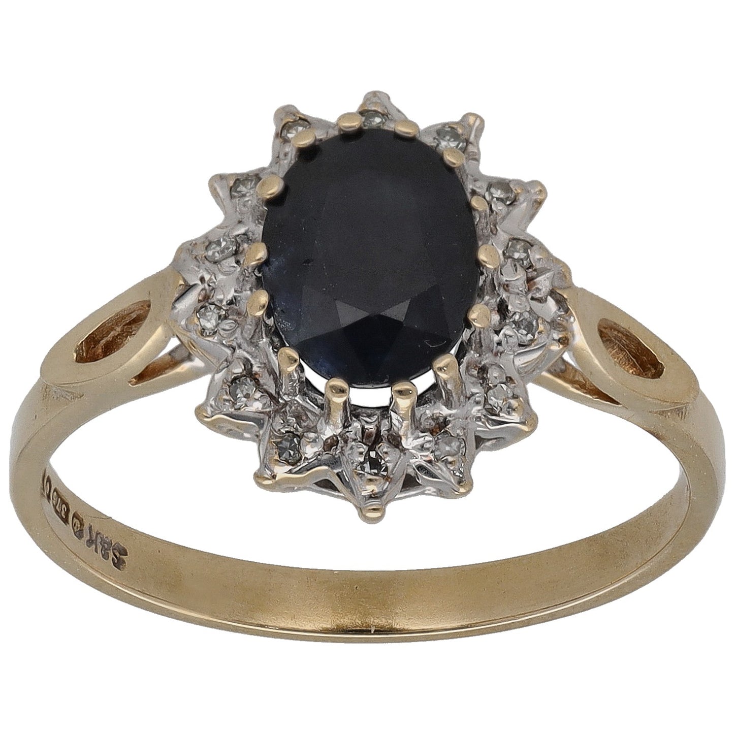 9ct gold ring with dark oval gemstone and diamond cluster halo, openwork shoulders