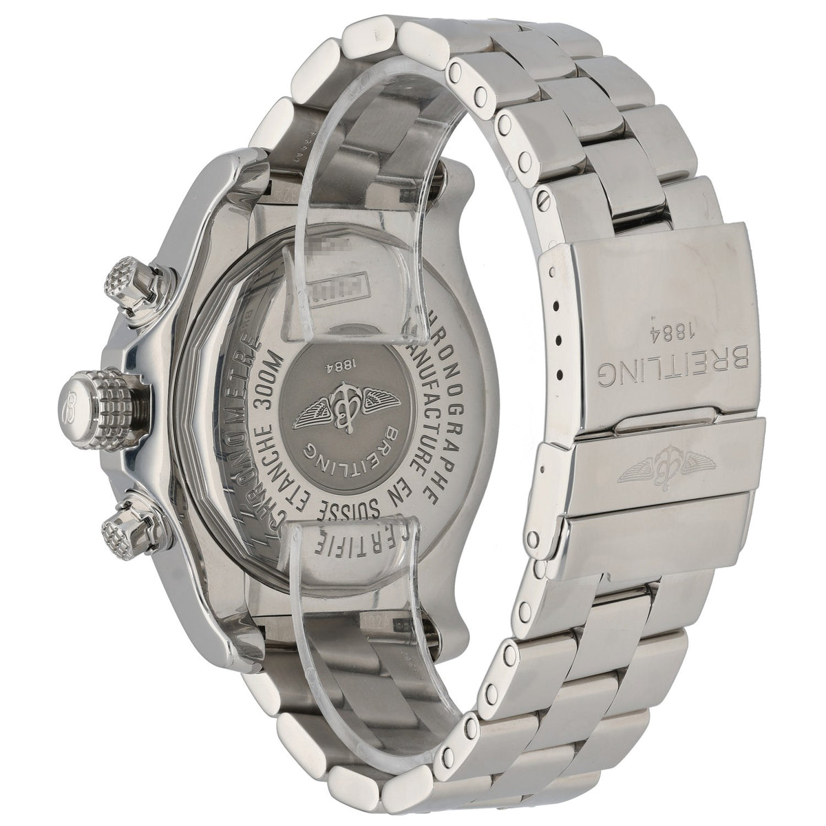 Breitling Avenger stainless steel watch back with engraved case and metal bracelet