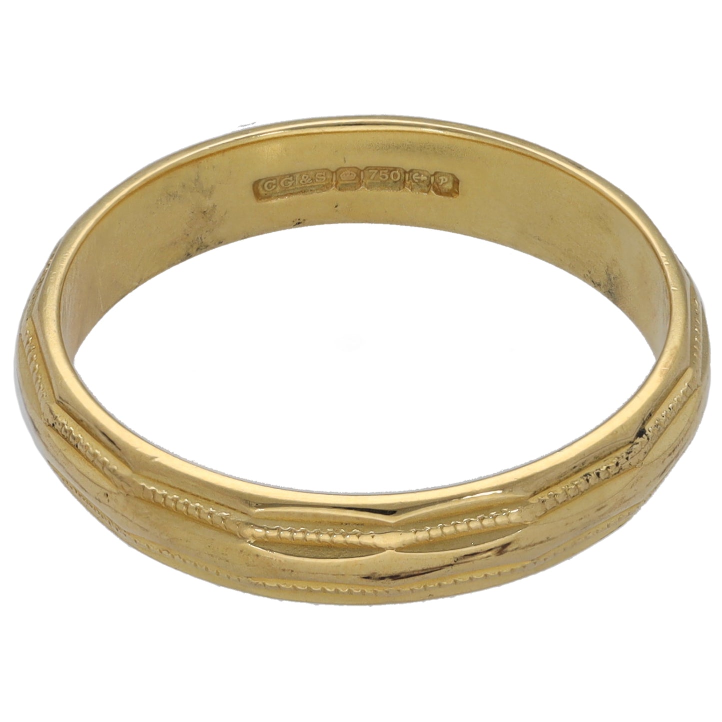 18ct Gold Patterned Wedding Ring Size P