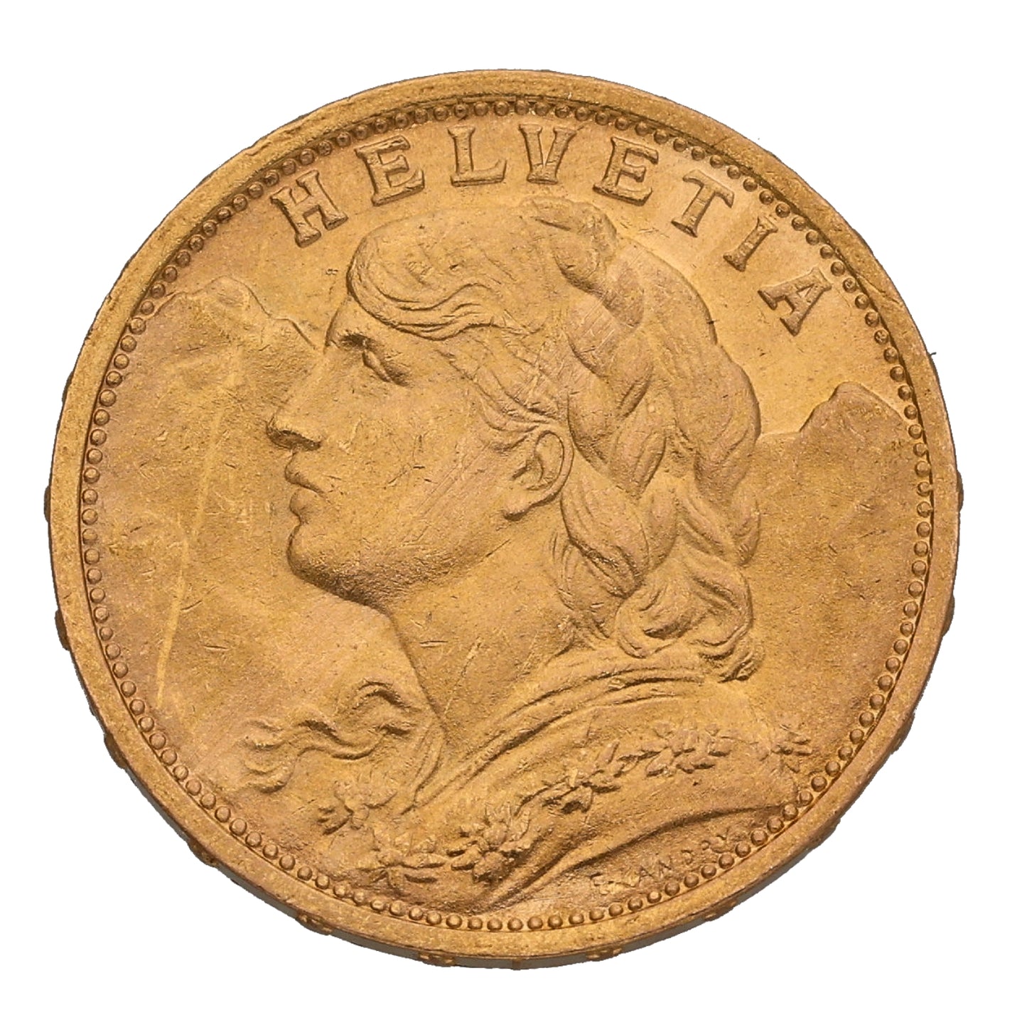 22ct Gold Helvetia Swiss 20 Francs Coin 1910