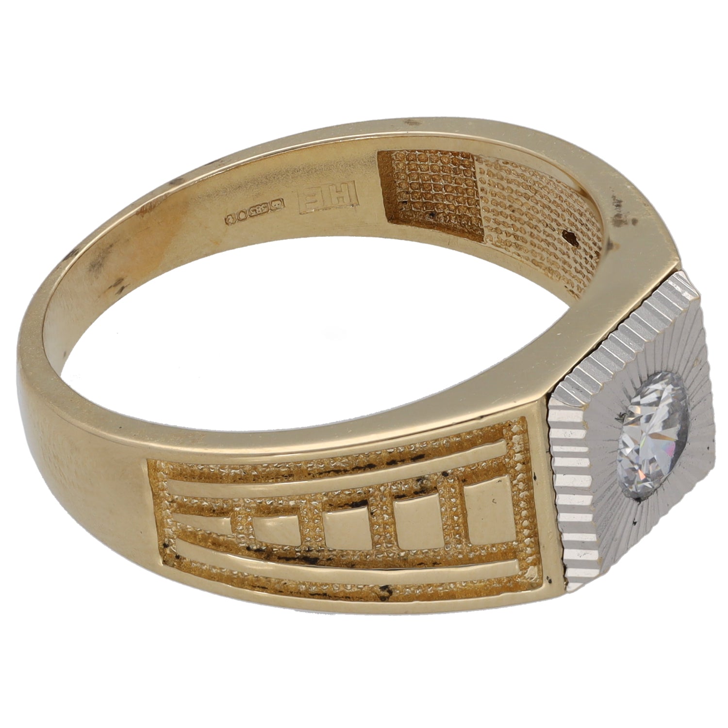 Two-tone gold CZ ring with side view of oval center crystal and striped detailing