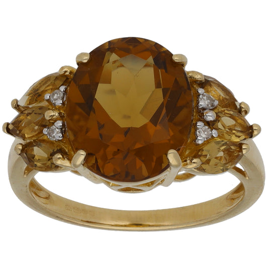 9ct Gold Citrine & 0.04ct Diamond Dress/Cocktail Ring Size N