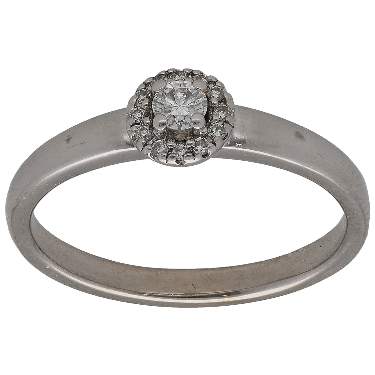 9ct white gold round diamond cluster ring with central round stone and halo of claws