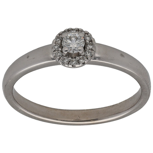 9ct white gold round diamond cluster ring with central round stone and halo of claws