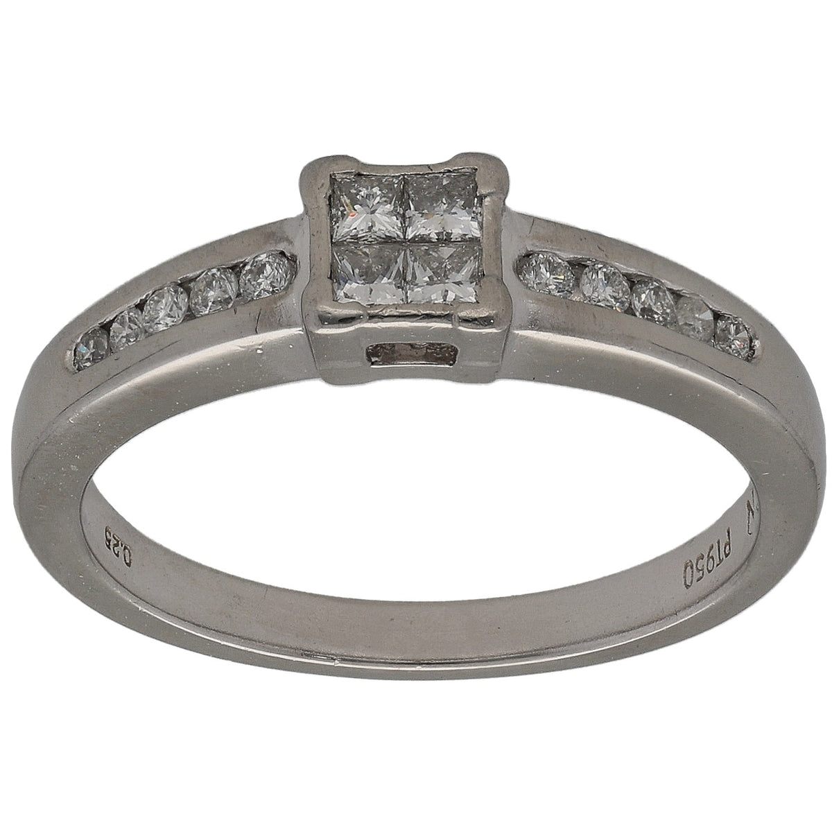 Platinum diamond cluster ring with square princess-cut center and side round accents