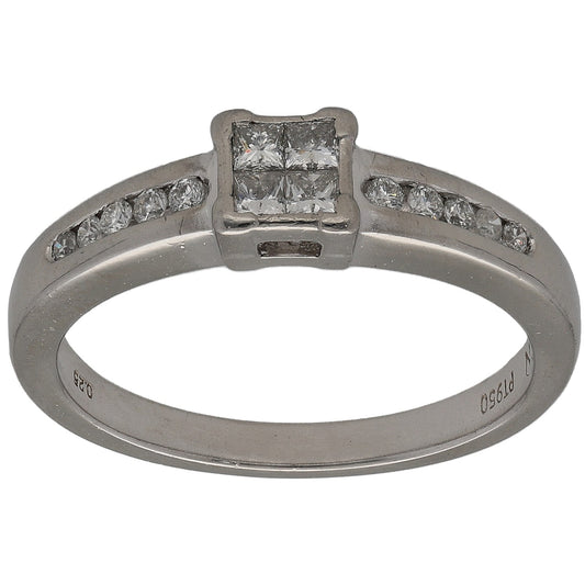 Platinum diamond cluster ring with square princess-cut center and side round accents